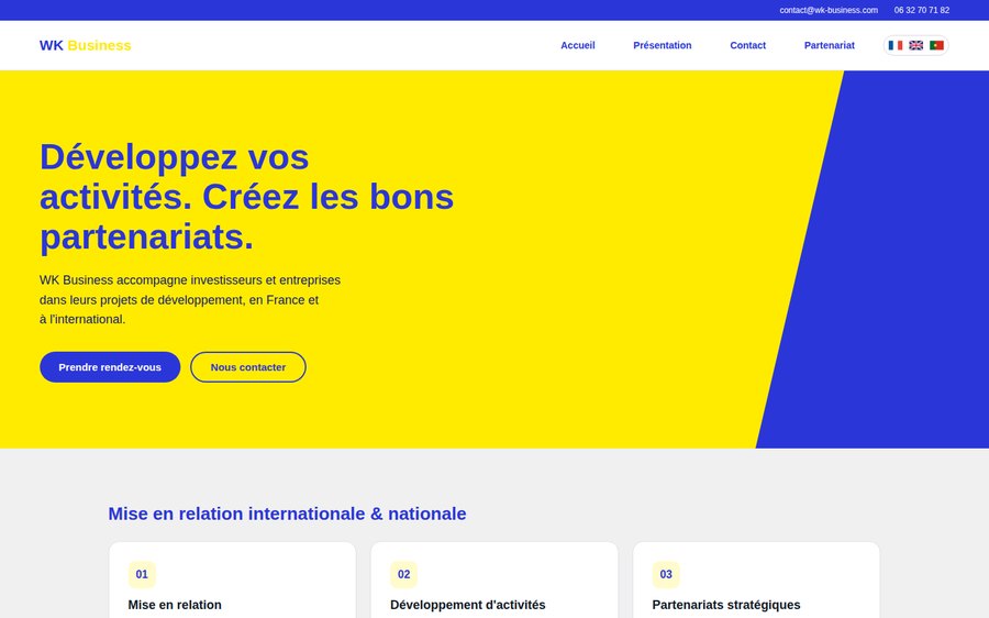 Aperçu de la version A du site WK Business, bleu et jaune